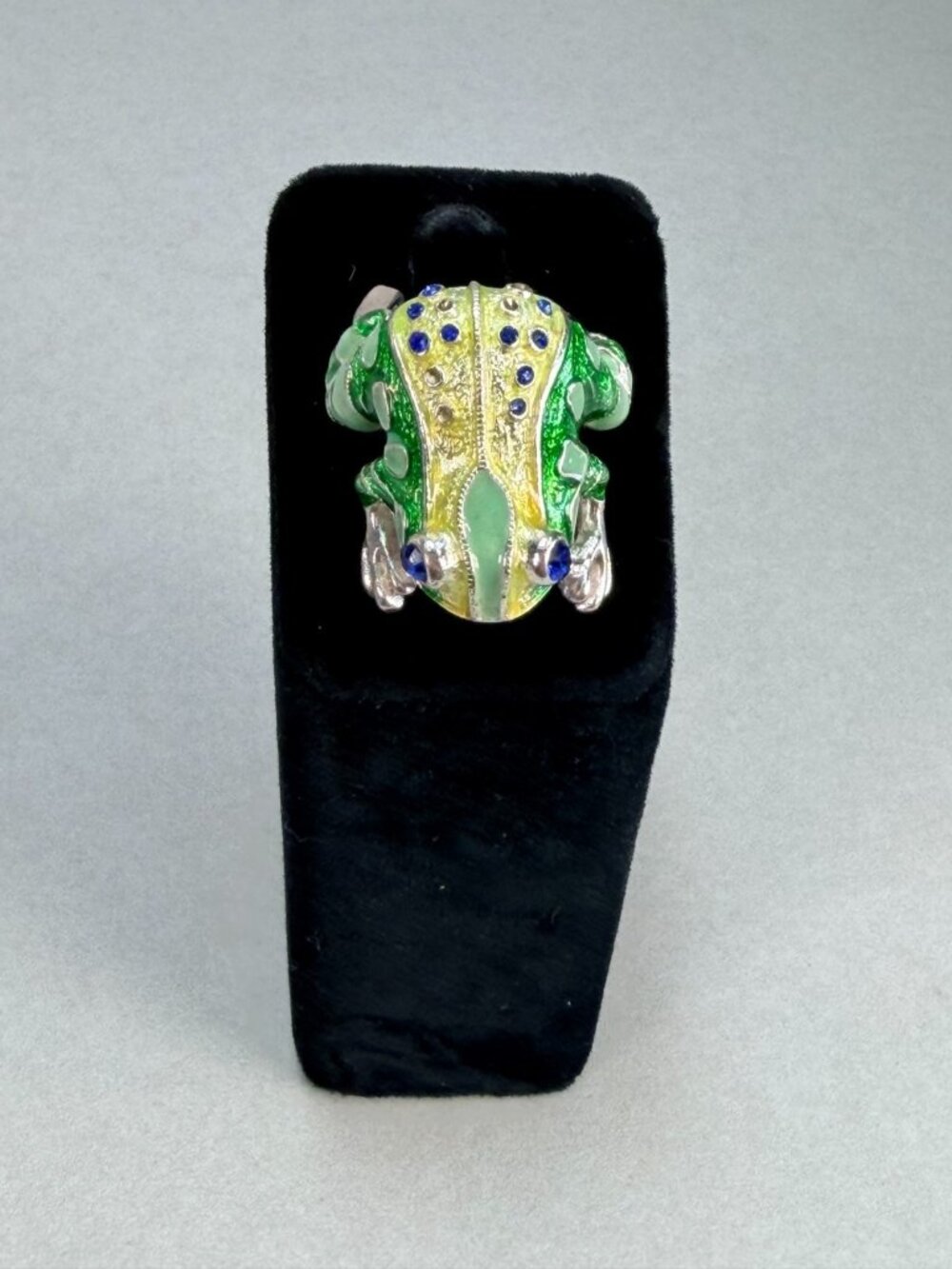 Colorful Enamel Frog Statement Ring Blue Crystal Adjustable Whimsical Gift